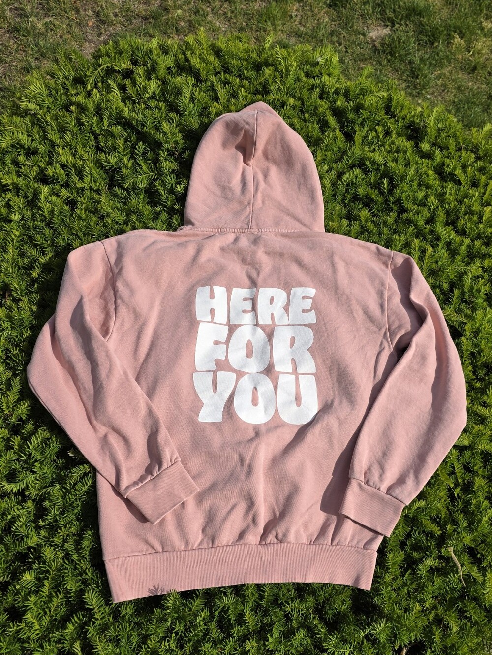 Soft Salmon Pink Hoodie with "HERE FOR YOU" White Graphic Size Large